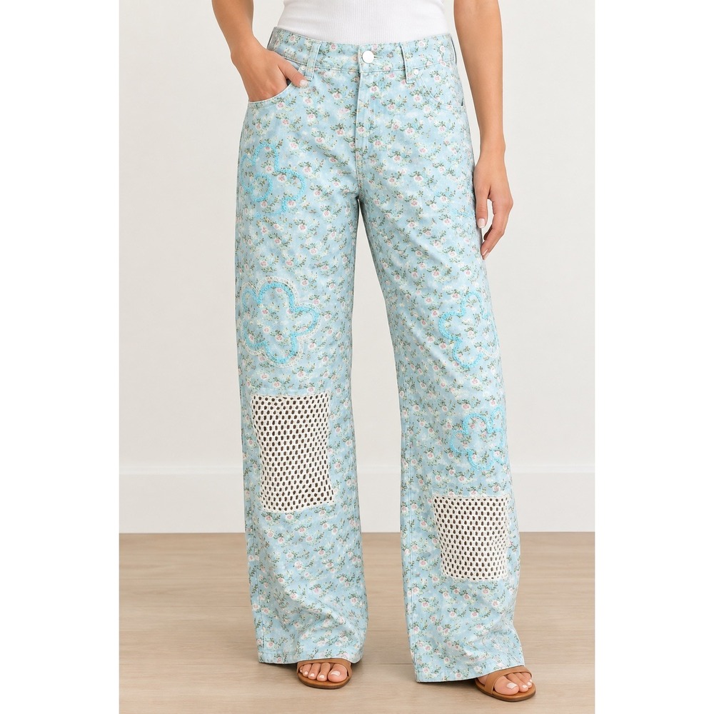 POL Blue Floral 100% Cotton Pants with Mesh Cut Outs Floral Embroidery Medium